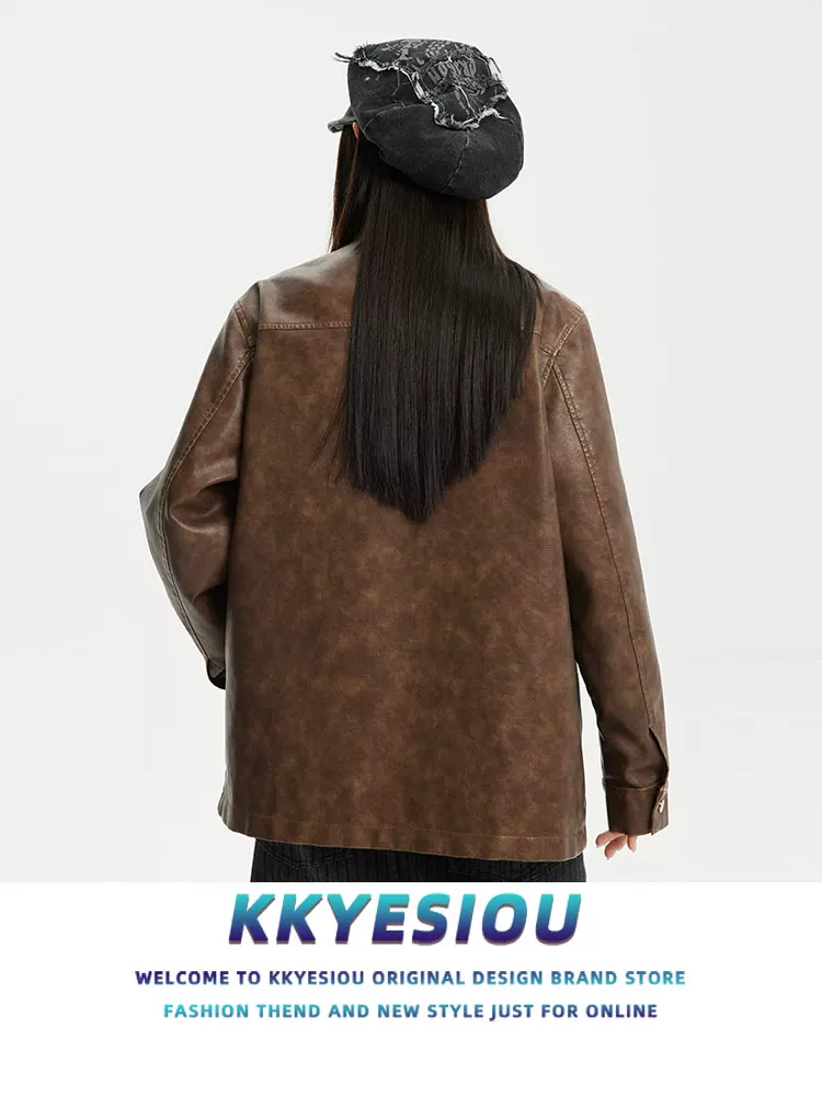 Áo khoác da cổ chéo kiểu cổ điển kiểu Trung Quốc mới của KKyesiou dành cho nam và nữ, Áo khoác cặp đôi hợp thời trang của Đức