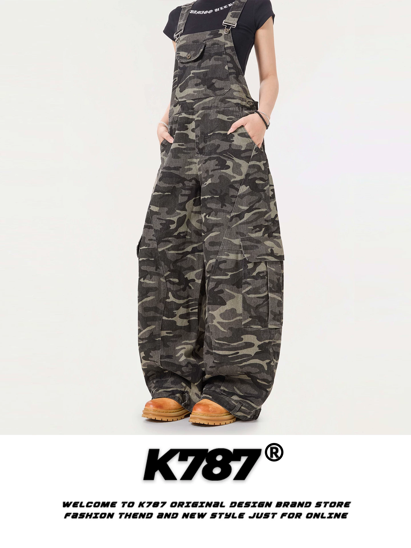 Quần yếm cargo kiểu Mỹ cổ điển K787, unisex, thiết kế phá cách, nhiều túi, dáng rộng, thời trang, xu hướng, quần ống rộng