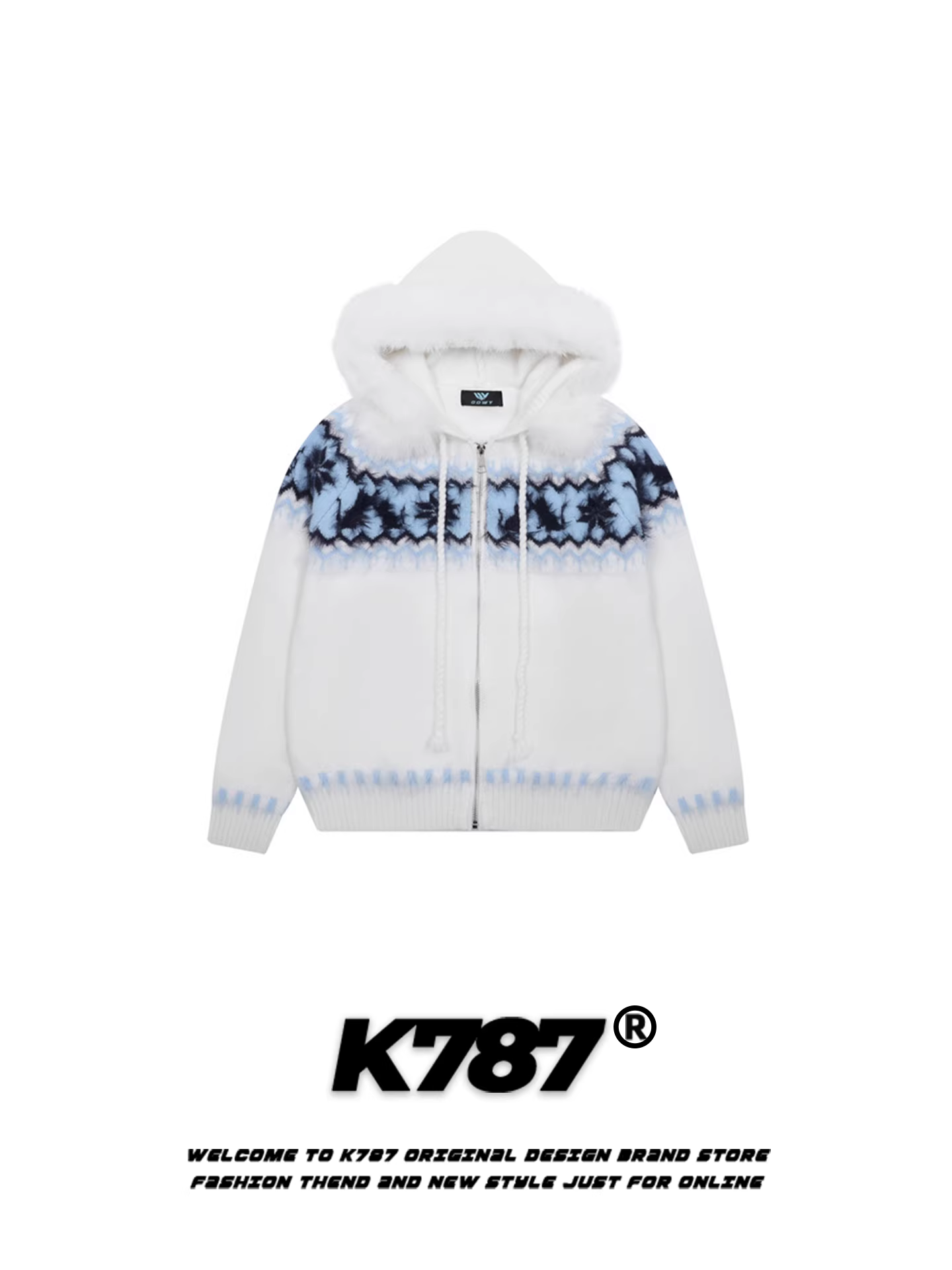 Áo len nữ K787 kiểu Mỹ, cổ lông cừu Fair Isle, có mũ, dáng rộng, phong cách thoải mái, ấm áp mùa thu đông, kiểu áo khoác ngắn dệt kim.