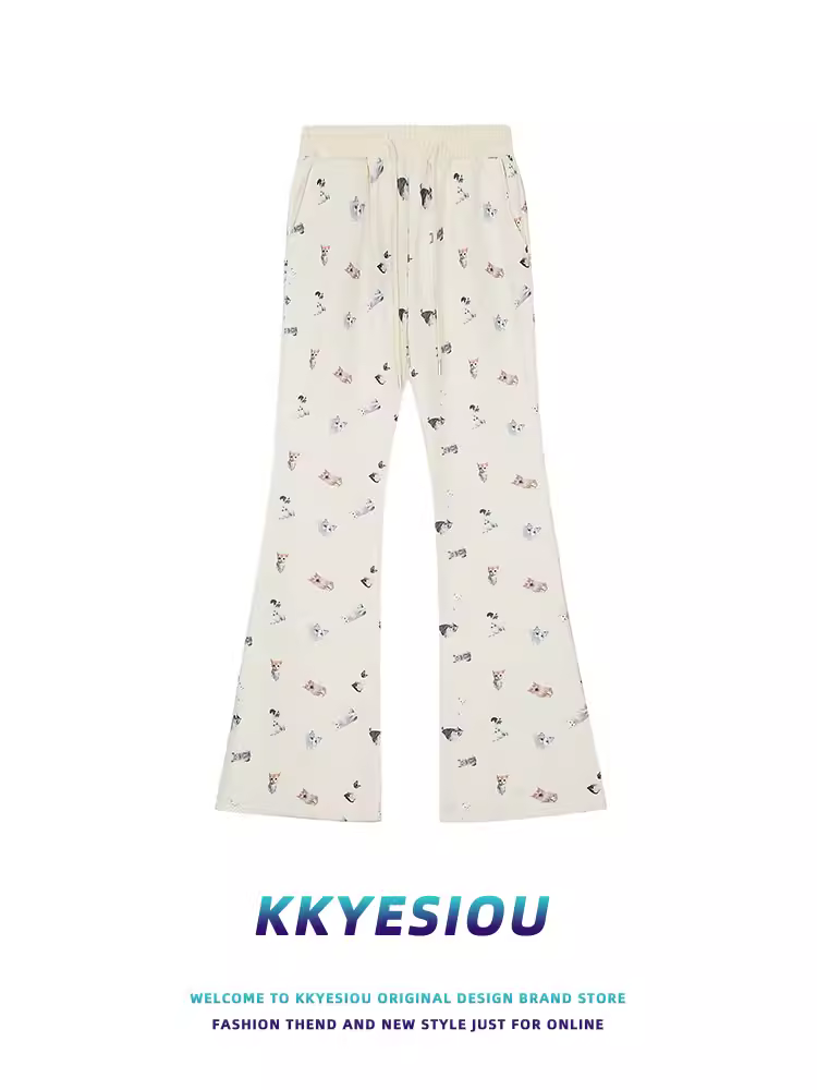 Quần âu dáng rộng kiểu Nhật KKyesiou dành cho nam và nữ với họa tiết mèo và chó hoạt hình vui nhộn, quần ống thẳng phong cách học sinh