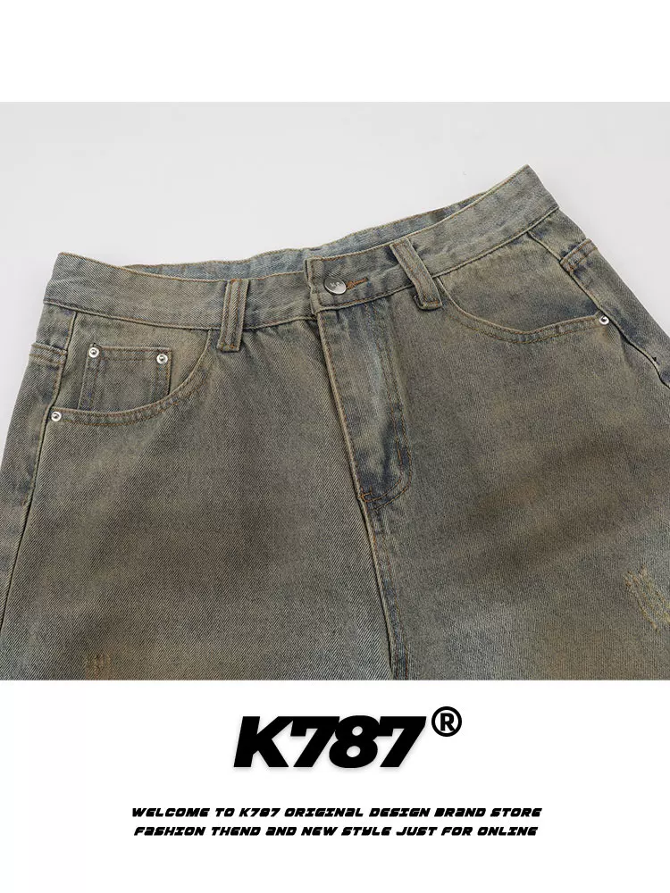 Quần jeans K787 kiểu Mỹ cổ điển, xu hướng quốc dân, đã qua xử lý làm cũ và rách, dáng xuông rộng, cạp cao, phong cách đường phố, dành cho nam và nữ