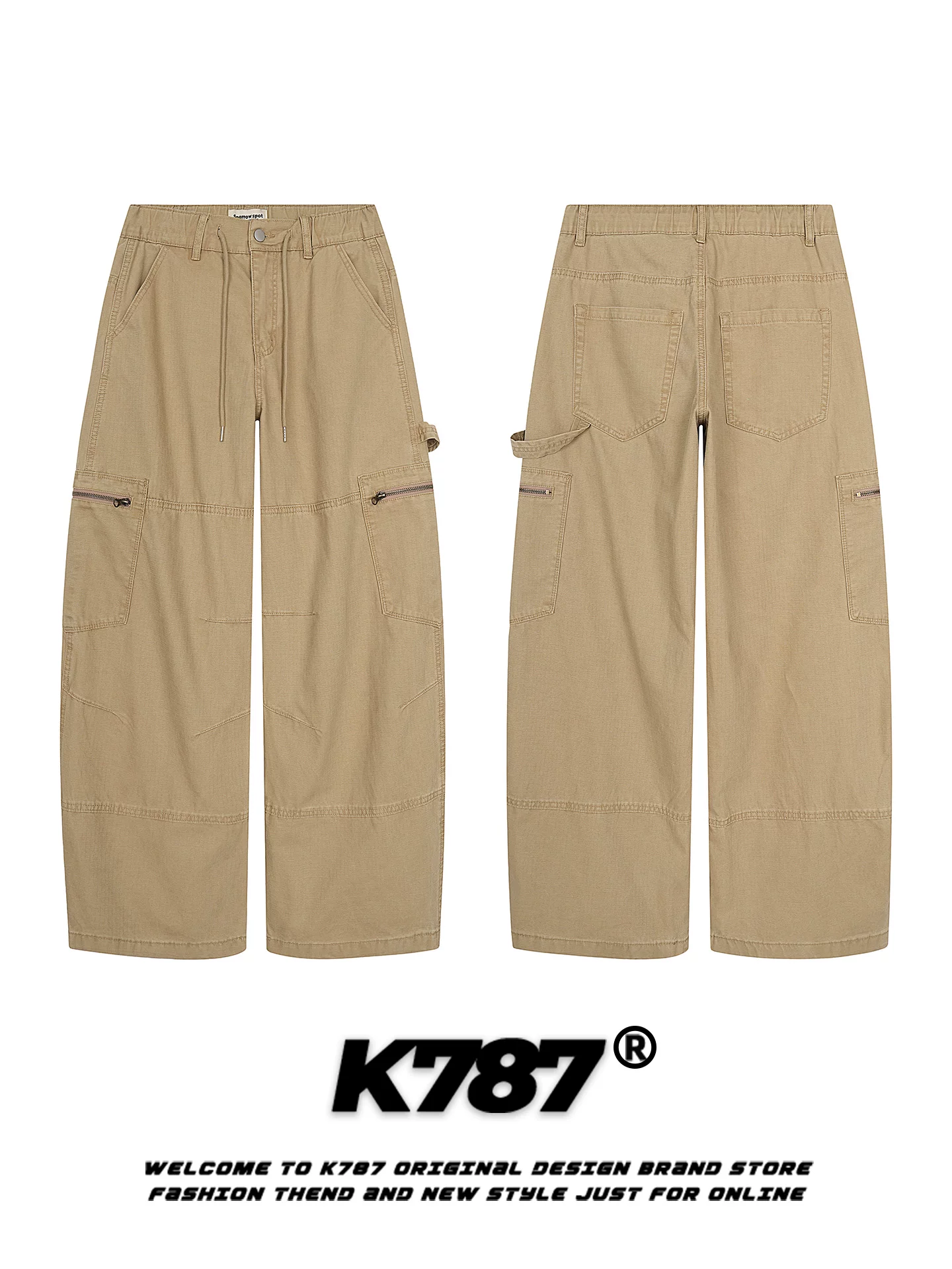 Quần cargo nhiều túi kiểu Mỹ cổ điển K787 dành cho nam và nữ, dáng rộng, cạp cao, dài chấm đất, phong cách đường phố, ống thẳng, ống rộng