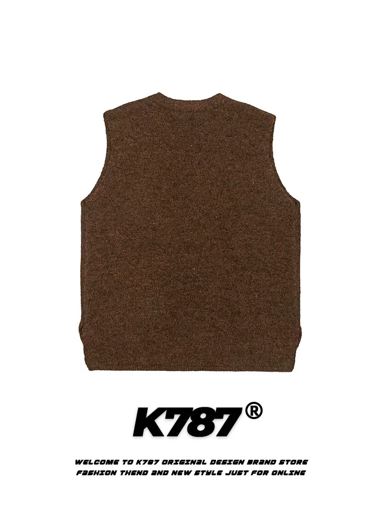 Áo gile dệt kim ngắn, dáng rộng, cổ V, màu trơn đơn giản, phong cách retro Mỹ, unisex, mã K787