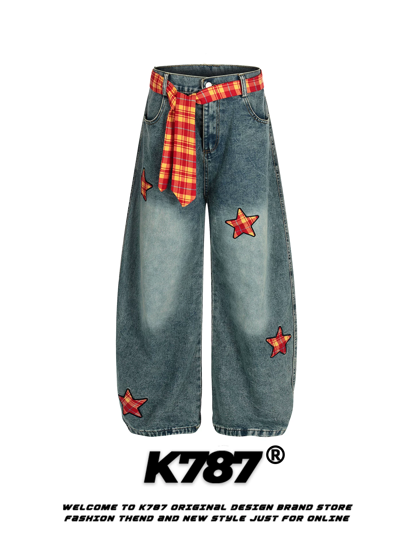 Quần jeans unisex dáng rộng thùng thình phong cách hip-hop cao cấp, họa tiết kẻ caro phối vải thêu, kiểu dáng sao Mỹ K787