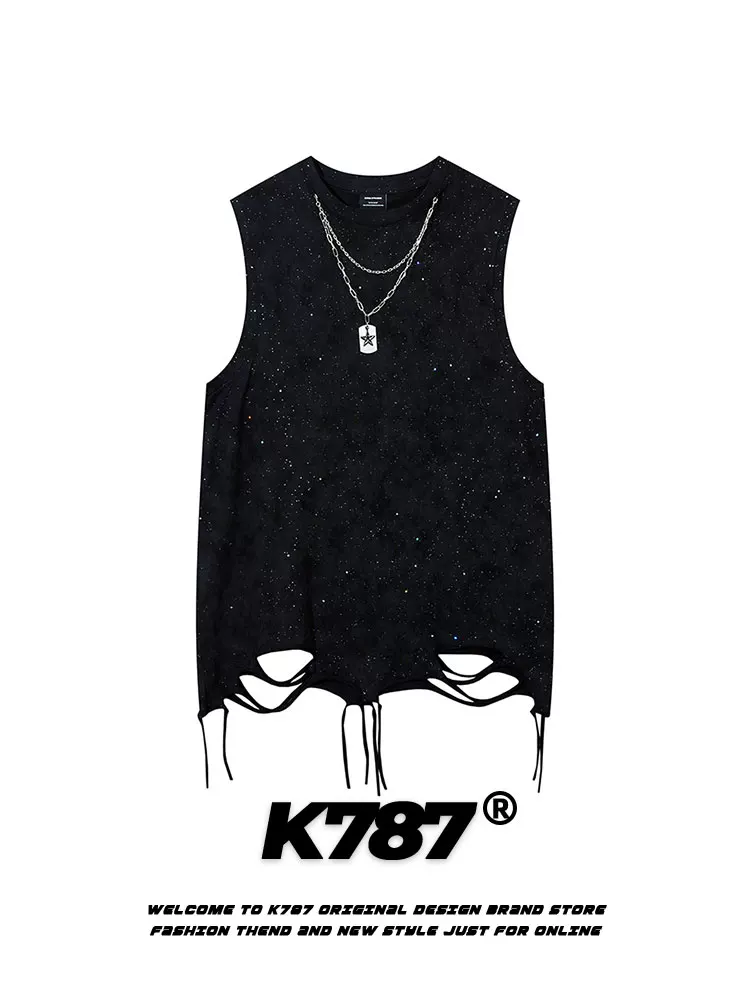 K787 Mỹ retro vòng cổ chắp vá hip-hop bầu trời đầy sao áo ba lỗ unisex quá khổ không tay áo lót áo thun mùa hè