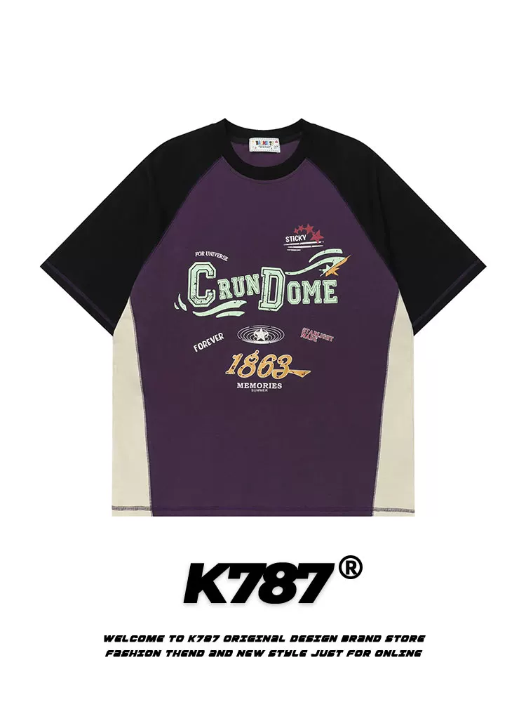 K787 Áo thun ngắn tay kiểu raglan cổ điển kiểu Mỹ dành cho nam và nữ, áo nửa tay họa tiết chữ graffiti phối màu dành cho cặp đôi