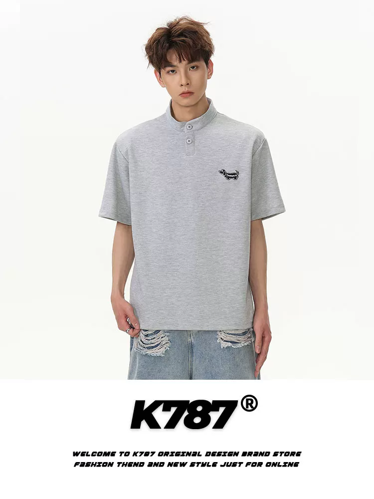 K787 Áo thun ngắn tay cổ đứng thêu dachshund cổ điển kiểu Mỹ unisex đa năng dáng rộng cặp đôi áo thun nửa tay