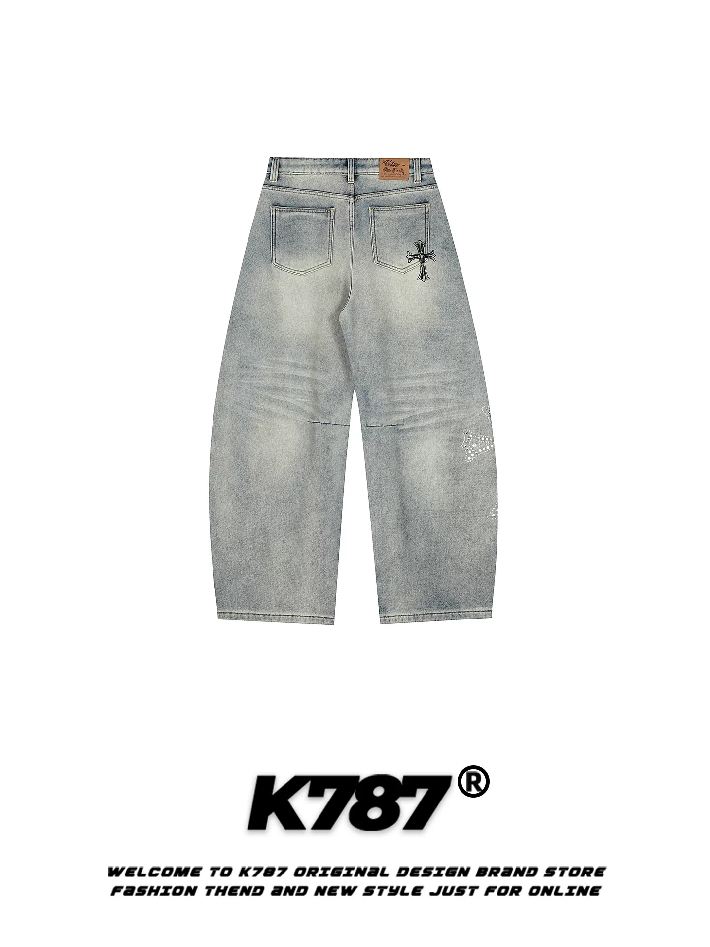 Quần jeans nữ thêu đá kiểu Mỹ cổ điển K787, dáng rộng, phong cách gothic, cạp cao, ống rộng, kiểu dáng thoải mái