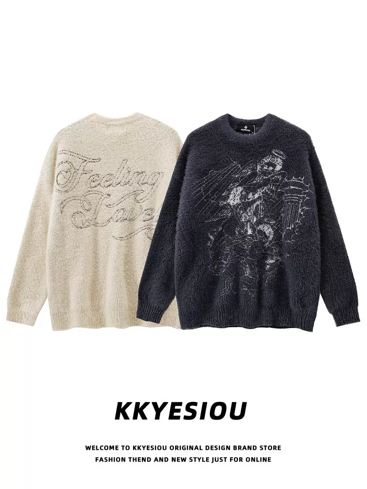Áo len cặp đôi phong cách retro Mỹ, kiểu preppy, chất liệu len dệt kim, dành cho nam và nữ, kiểu dáng vintage, họa tiết thiên thần.