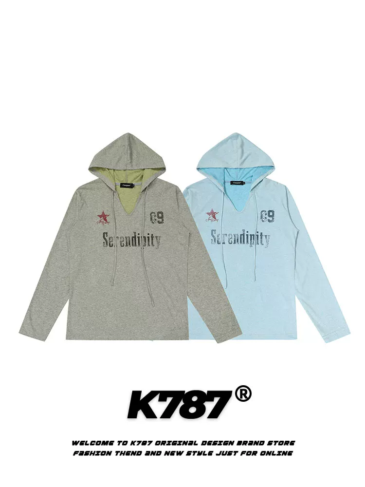 K787 Phong cách retro Mỹ đau khổ chữ cổ chữ V dài tay áo unisex thể thao mỏng có mũ trùm đầu chống nắng áo sơ mi mùa hè