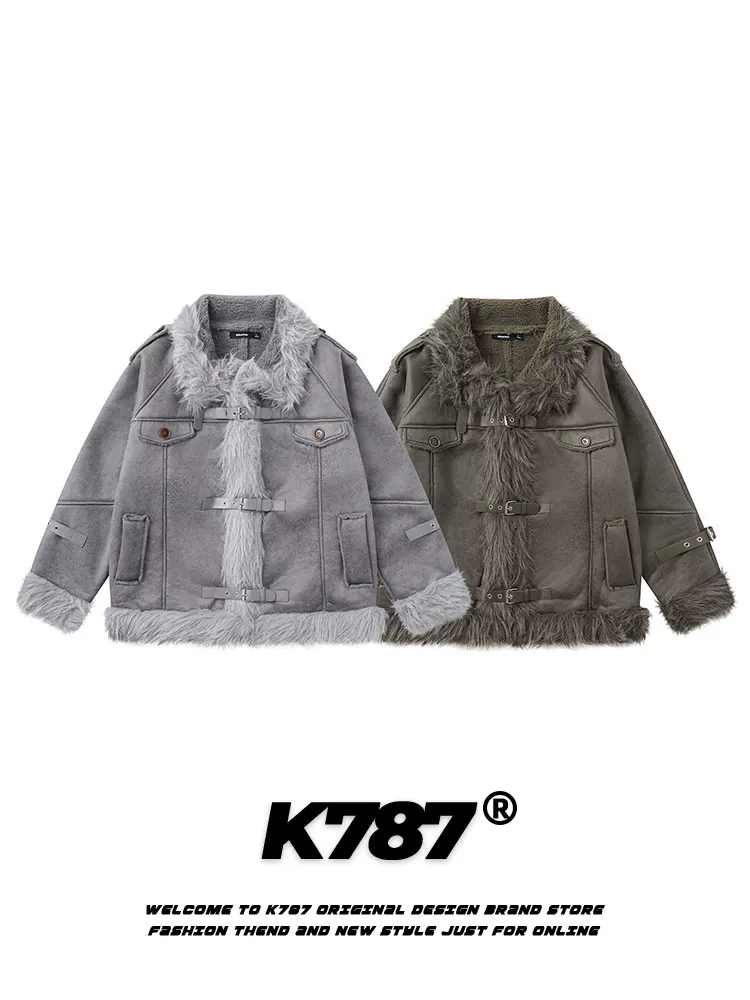 Áo khoác da lộn dày có cổ lông kiểu Chanel K787 dành cho nam và nữ, áo khoác cotton đệm theo xu hướng quốc gia cổ điển của Mỹ.