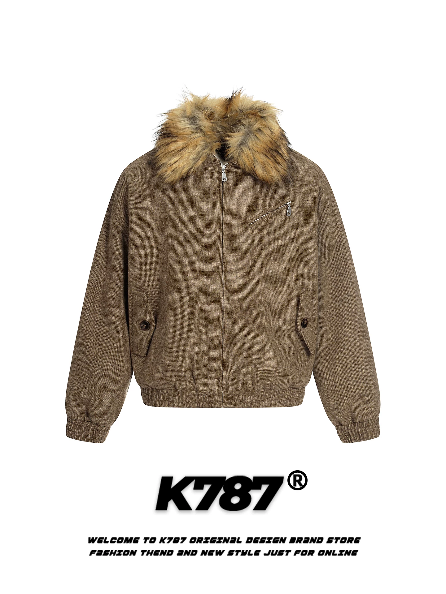 Áo khoác cotton cổ lông cổ điển kiểu Mỹ K787 dành cho nam và nữ, áo khoác có khóa kéo ấm áp mùa thu đông dành cho cặp đôi