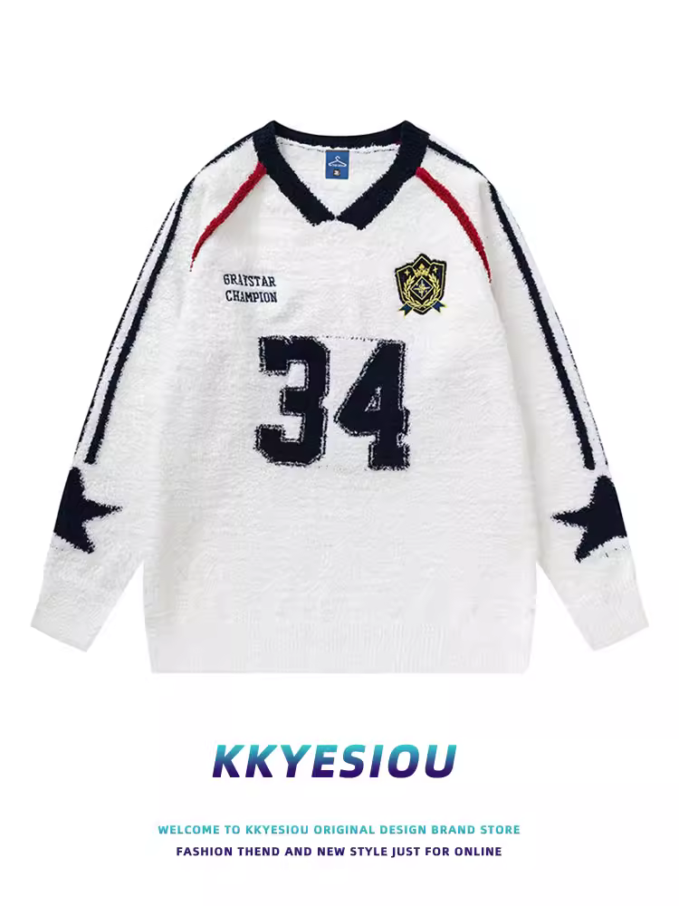 Áo len dệt kim phong cách retro Mỹ của KKyesiou dành cho nam và nữ, áo len cổ chữ V phối màu giản dị dành cho cặp đôi đường phố