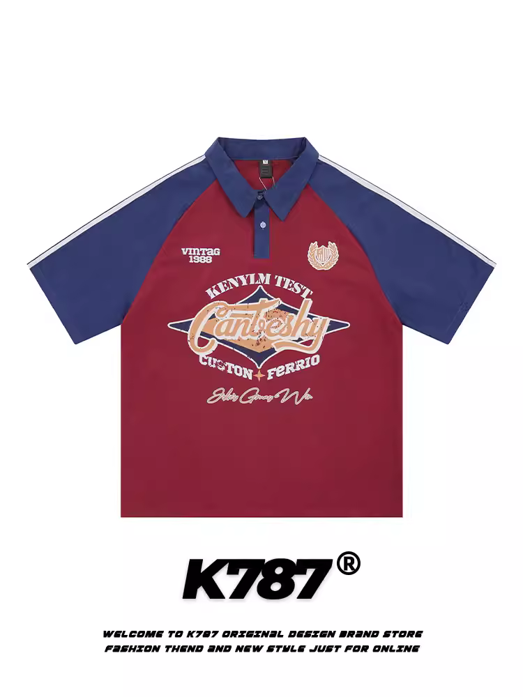 Áo thun ngắn tay in chữ cổ điển Mỹ K787 dành cho nam và nữ, áo polo dáng rộng đa năng phong cách đại học theo xu hướng quốc gia