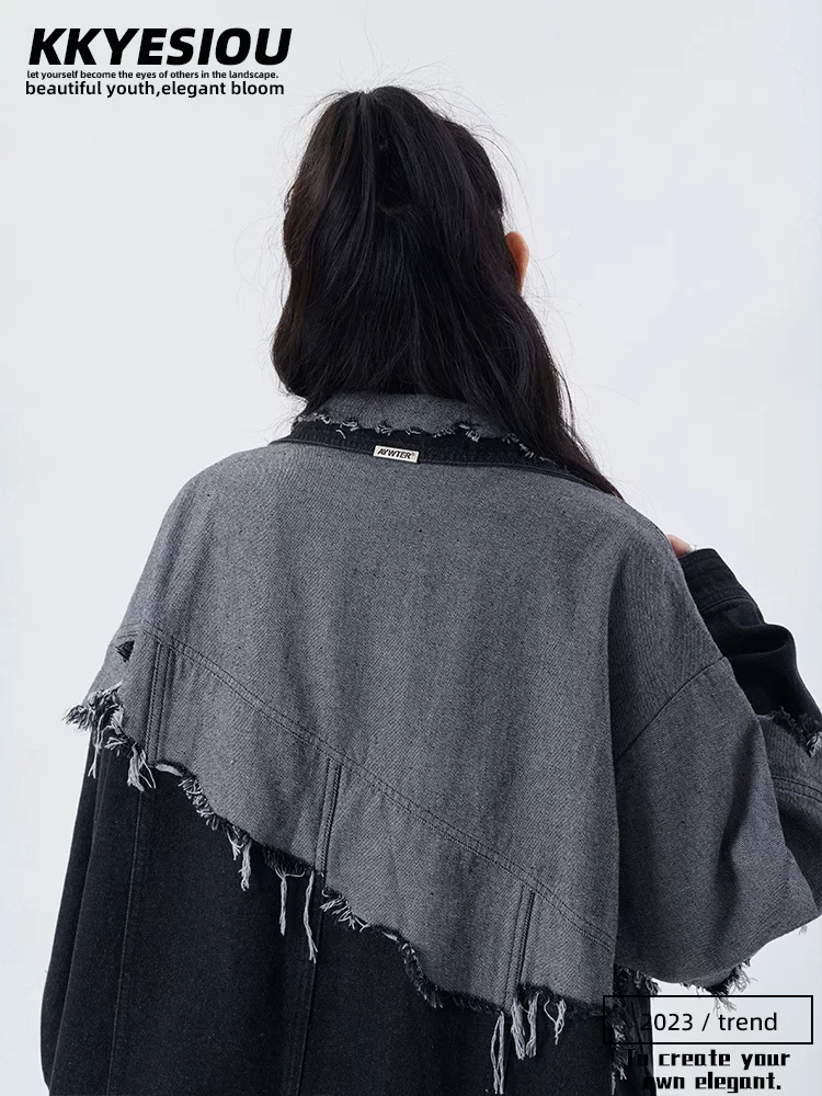 Áo khoác denim phối màu theo phong cách Mỹ của KKyesiou dành cho nam và nữ, áo khoác cặp đôi dáng rộng tua rua cổ điển