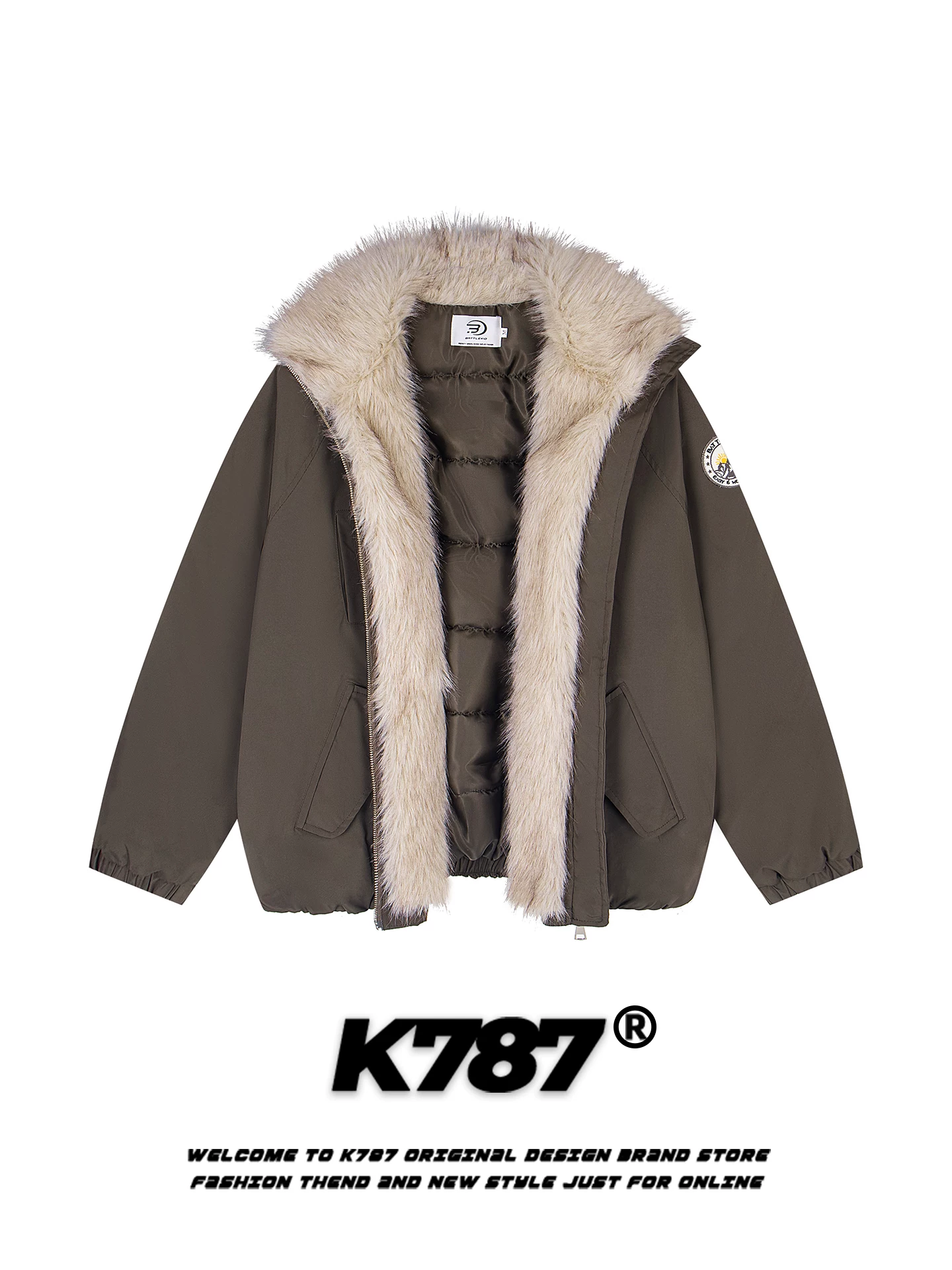Áo khoác cotton có mũ trùm đầu, cổ lông, phong cách retro Mỹ K787 dành cho nam và nữ, dáng rộng, ấm áp và dày dặn cho mùa đông.