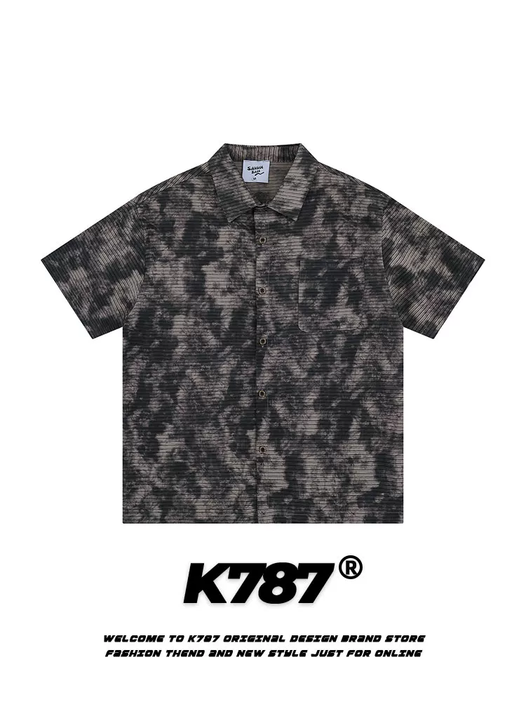 Áo sơ mi ngắn tay unisex phong cách retro Mỹ K787, họa tiết tie-dye, phong cách tiền cổ điển, xu hướng quốc dân, đa năng, mùa hè 2025, kiểu cardigan nửa tay