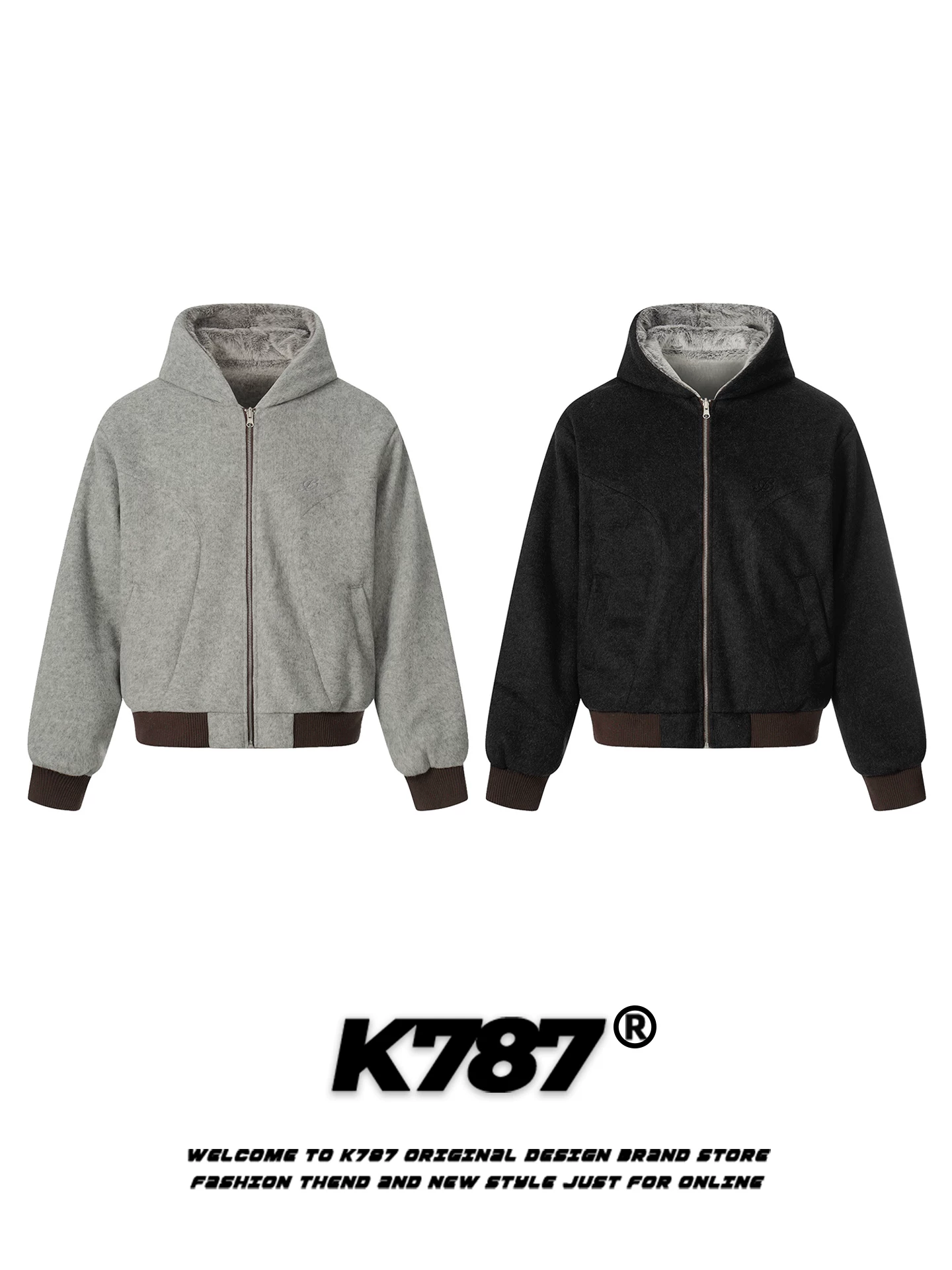 Áo khoác cotton lông giả mink hai mặt kiểu Mỹ cổ điển K787 dành cho nam và nữ, lót lông cừu và dày dặn, áo khoác cotton có mũ thời trang dành cho cặp đôi