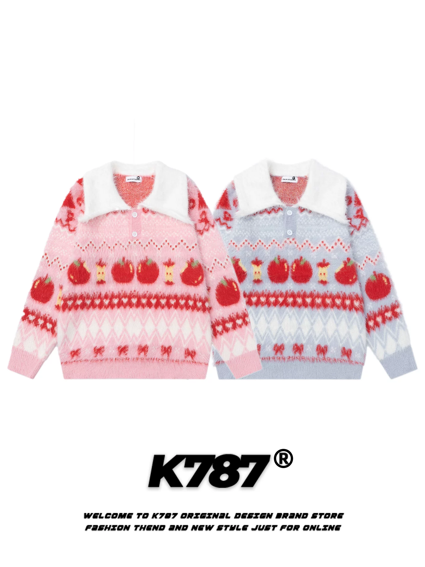 Áo len dệt kim kiểu Mỹ K787 họa tiết quả táo Fair Isle dành cho nữ, áo khoác len dáng rộng đa năng phong cách vintage, thoải mái