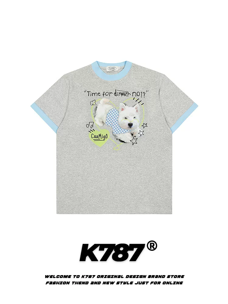 K787 Áo thun ngắn tay in hình chó phong cách retro kiểu Mỹ, phối màu, kiểu dáng thường ngày dành cho nữ, phong cách lười biếng, áo ngắn rộng rãi và đa năng.
