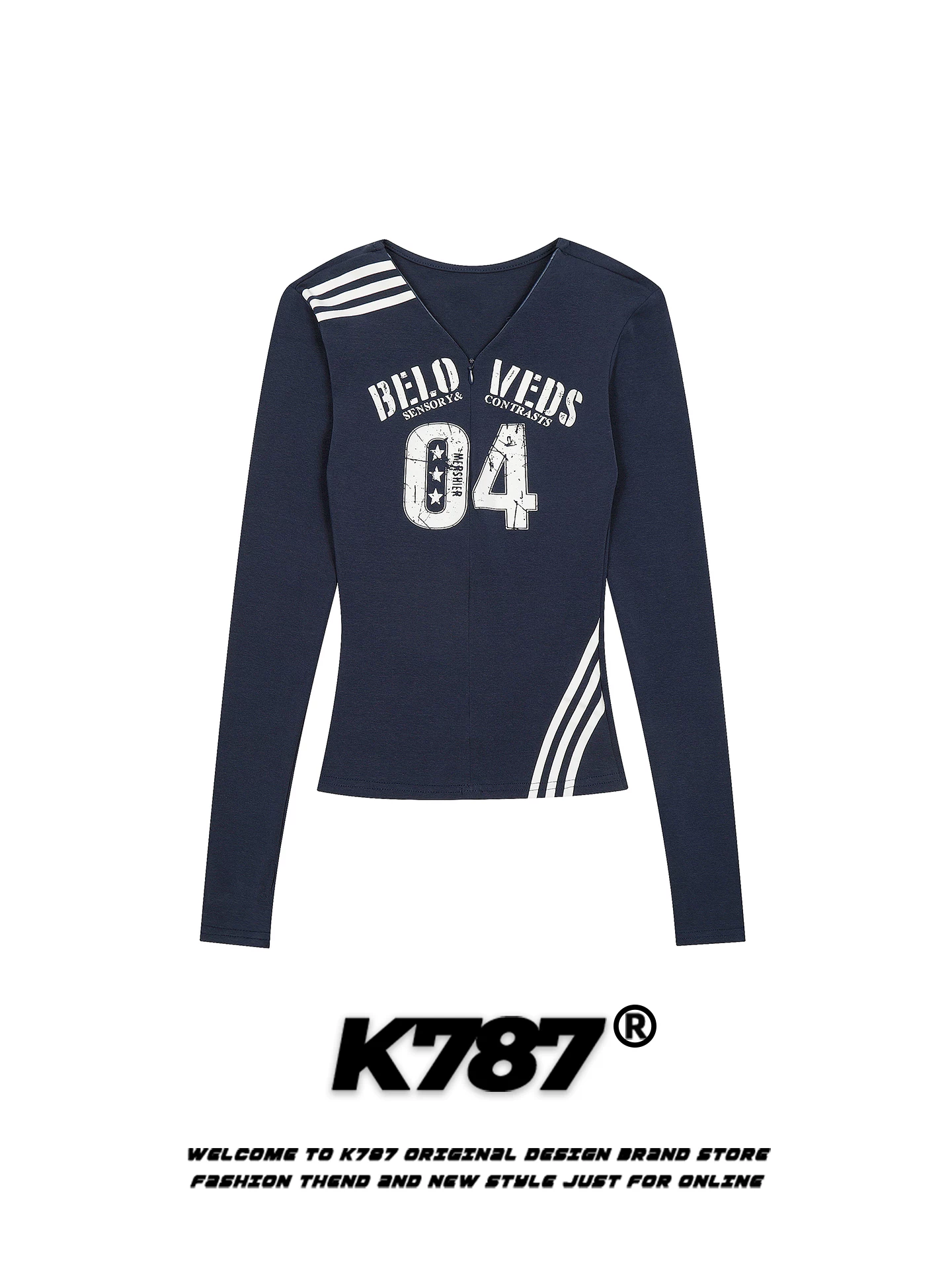 Áo thun nữ K787 kiểu đường phố Mỹ, in kỹ thuật số, cổ V, tay dài, dáng ôm, gợi cảm, năng động, kiểu dáng thường nhật.