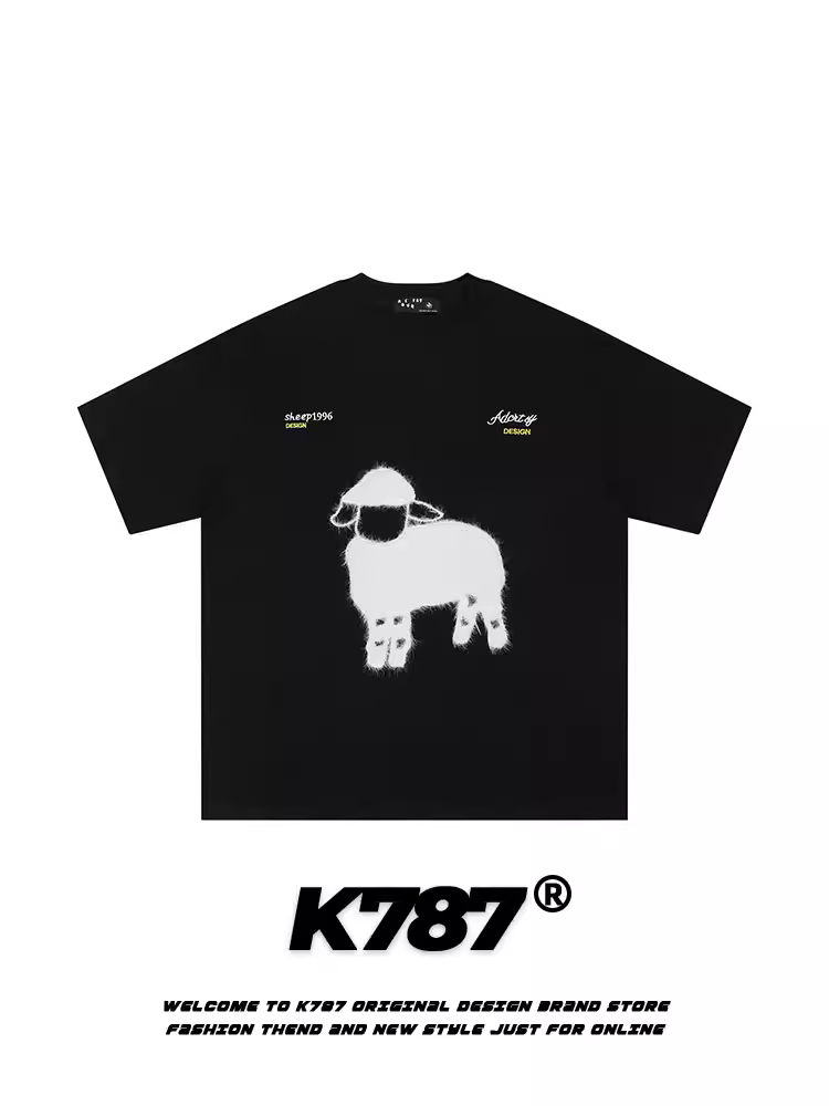 Áo thun ngắn tay nhung cừu phong cách đường phố Mỹ K787 dành cho nam và nữ, áo chui đầu vui nhộn phong cách đại học, áo cặp đôi giản dị