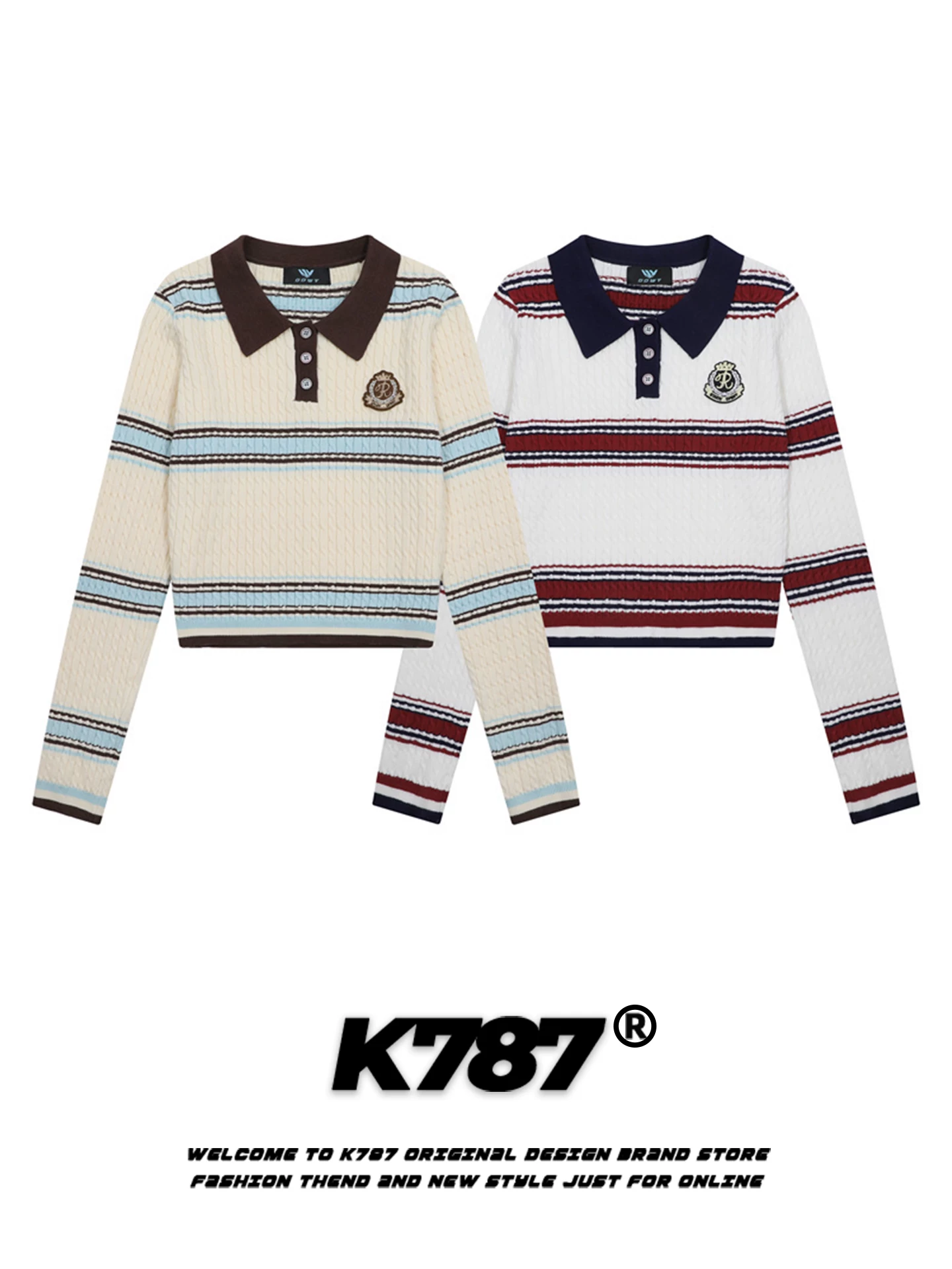 Áo len cổ polo thêu huy hiệu kiểu Mỹ K787 dành cho nữ, áo len ngắn dệt kim sọc phong cách học sinh năng động, thoải mái
