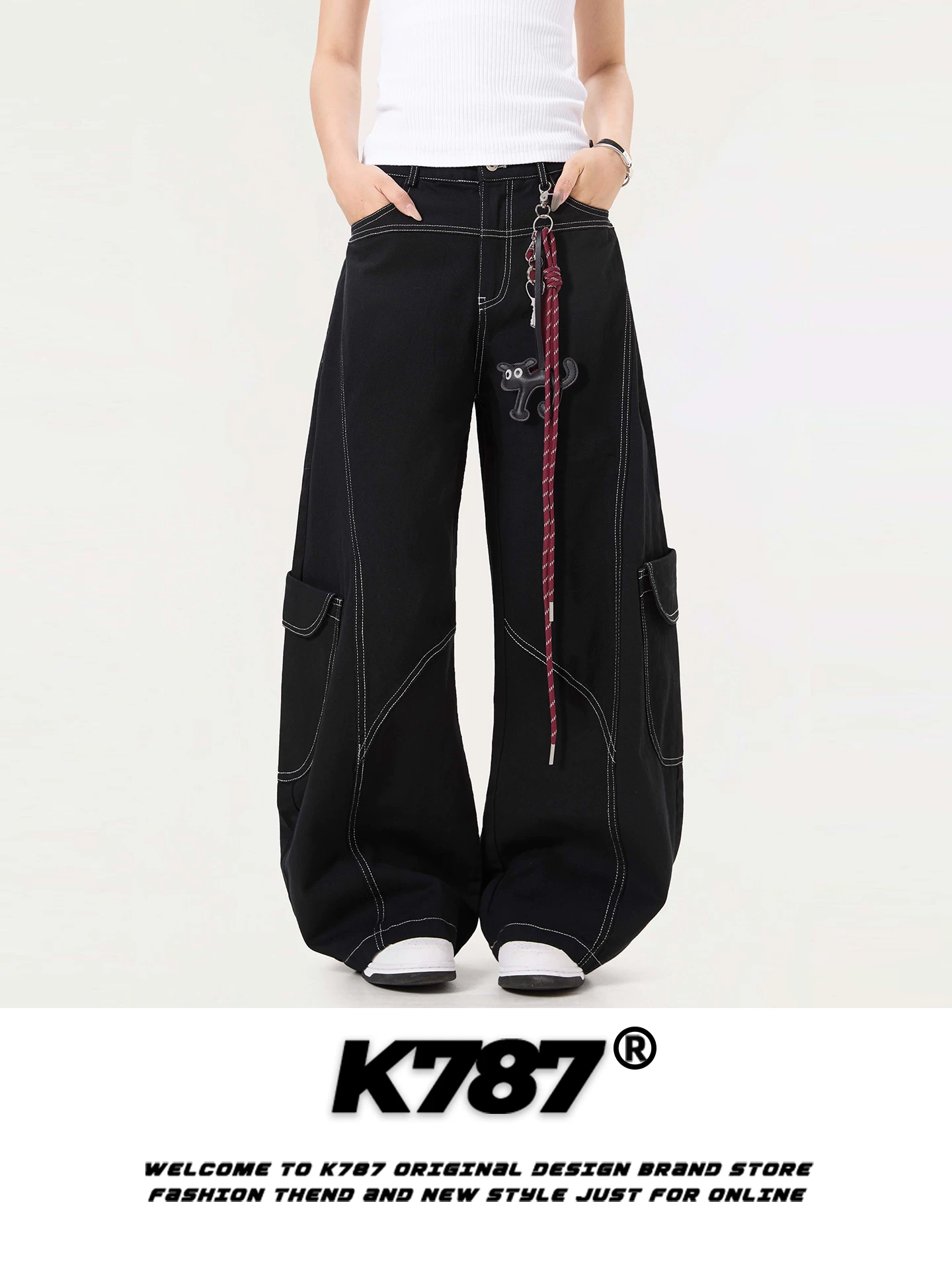 Quần jeans dáng rộng unisex K787 kiểu Mỹ cổ điển, thiết kế cấu trúc, cạp cao, đường may lộ, thời trang, ống rộng