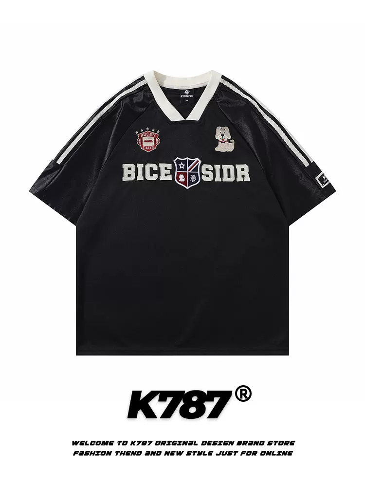 K787 Áo thun thể thao cổ chữ V cổ điển kiểu Mỹ thêu tay ngắn unisex blokecore jersey áo thun cặp đôi