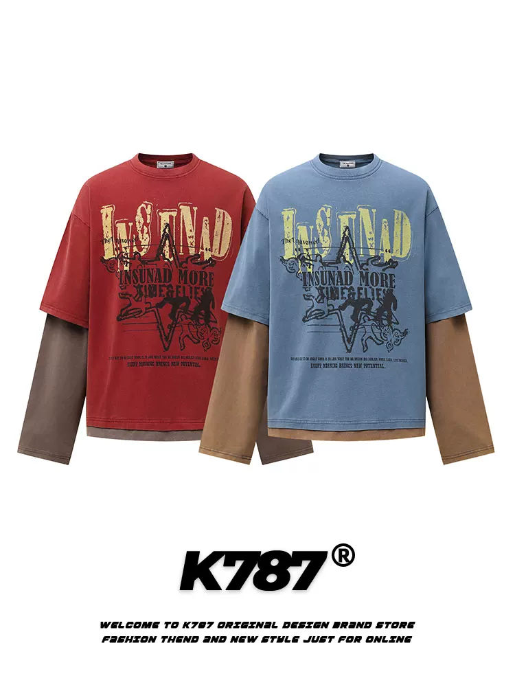 Áo thun dài tay in chữ kiểu Mỹ cổ điển K787 dành cho nam, áo thể thao giả hai mảnh phong cách hip-hop rộng rãi, thoải mái