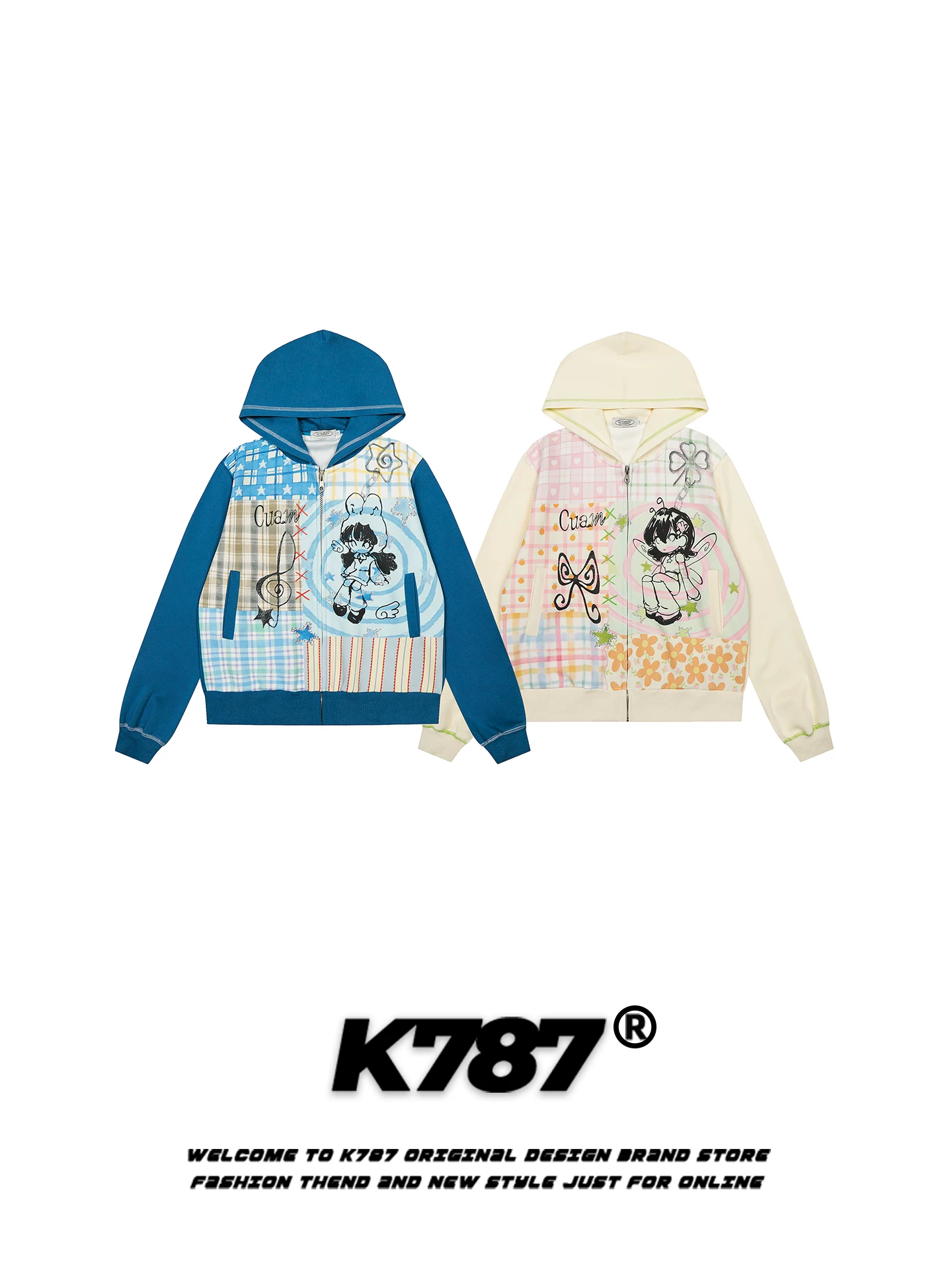Áo khoác cardigan có mũ trùm đầu phong cách Nhật Bản K787, họa tiết graffiti phối màu, dành cho nữ, kiểu dáng rộng rãi, phong cách Y2K ngọt ngào và cá tính, áo khoác ngắn.
