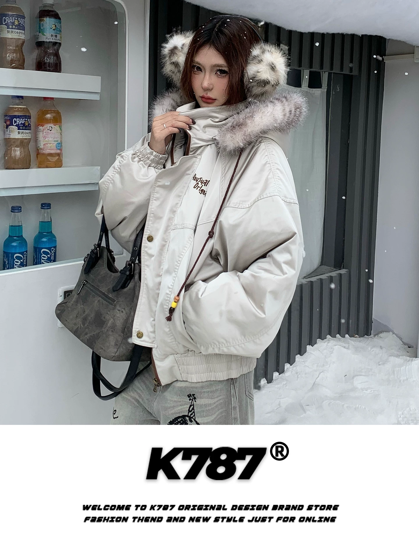 Áo khoác cotton có mũ trùm đầu, cổ lông, thêu chữ phong cách đường phố Mỹ K787 dành cho nam và nữ, kiểu dáng rộng rãi, chất liệu dày dặn, áo khoác đôi.