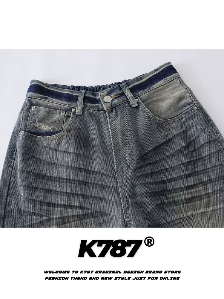 Quần jeans K787 kiểu Mỹ cổ điển, xước, rách, dáng loe, unisex, sọc ngang, màu phai, rộng thùng thình, kiểu dáng thẳng, mặc thường ngày