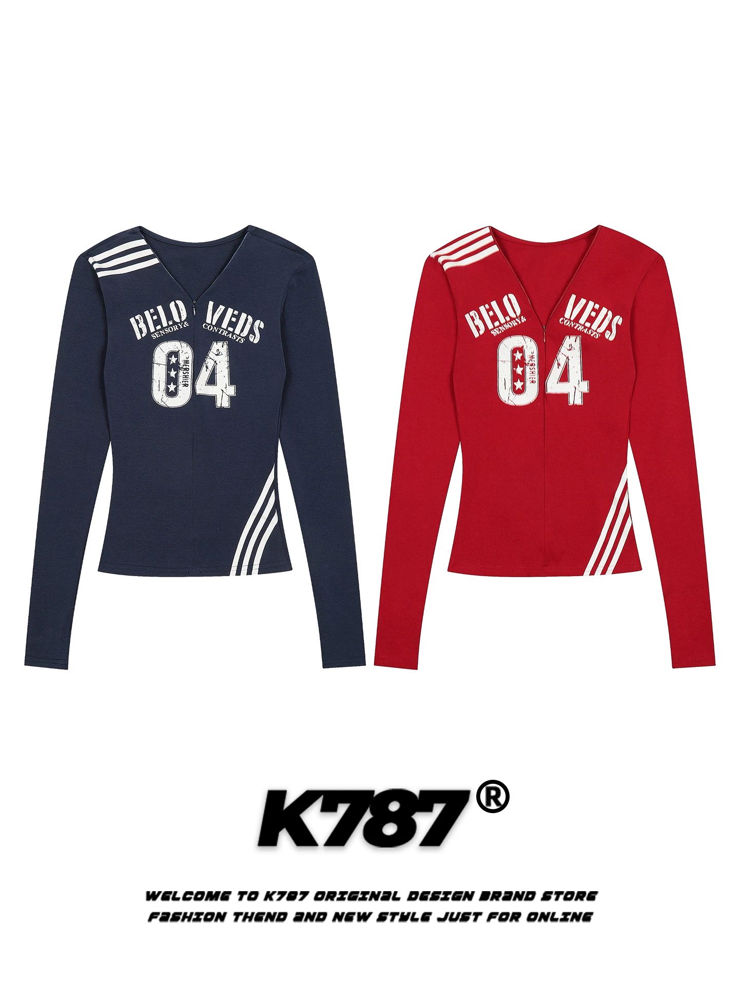Áo thun nữ K787 kiểu đường phố Mỹ, in kỹ thuật số, cổ V, tay dài, dáng ôm, gợi cảm, năng động, kiểu dáng thường nhật.