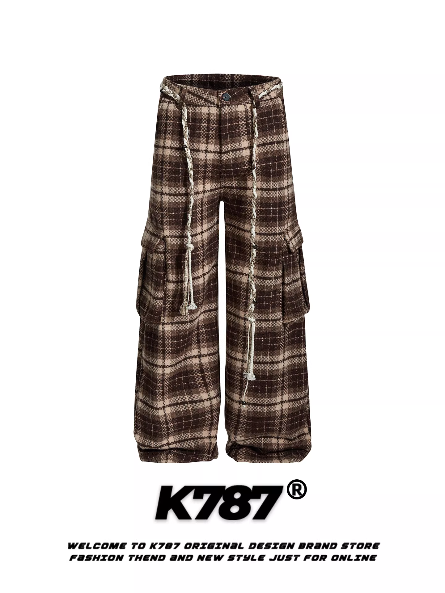 Quần cargo nữ K787 kiểu Mỹ cổ điển, nhiều túi, dây rút, dáng rộng, phong cách Chanel, ống thẳng, ống rộng