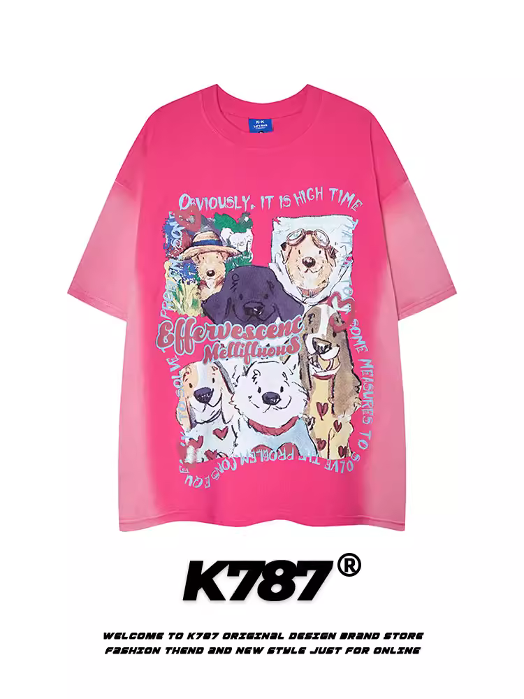 Áo thun ngắn tay màu đỏ hồng in hình chó cổ điển K787 dành cho nam và nữ với thiết kế phối màu vui nhộn áo đôi