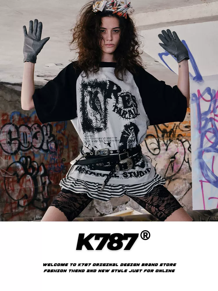 Áo thun tay raglan họa tiết graffiti phong cách retro Mỹ K787 dành cho nam và nữ, áo cặp rộng rãi phong cách hip-hop đường phố mùa hè