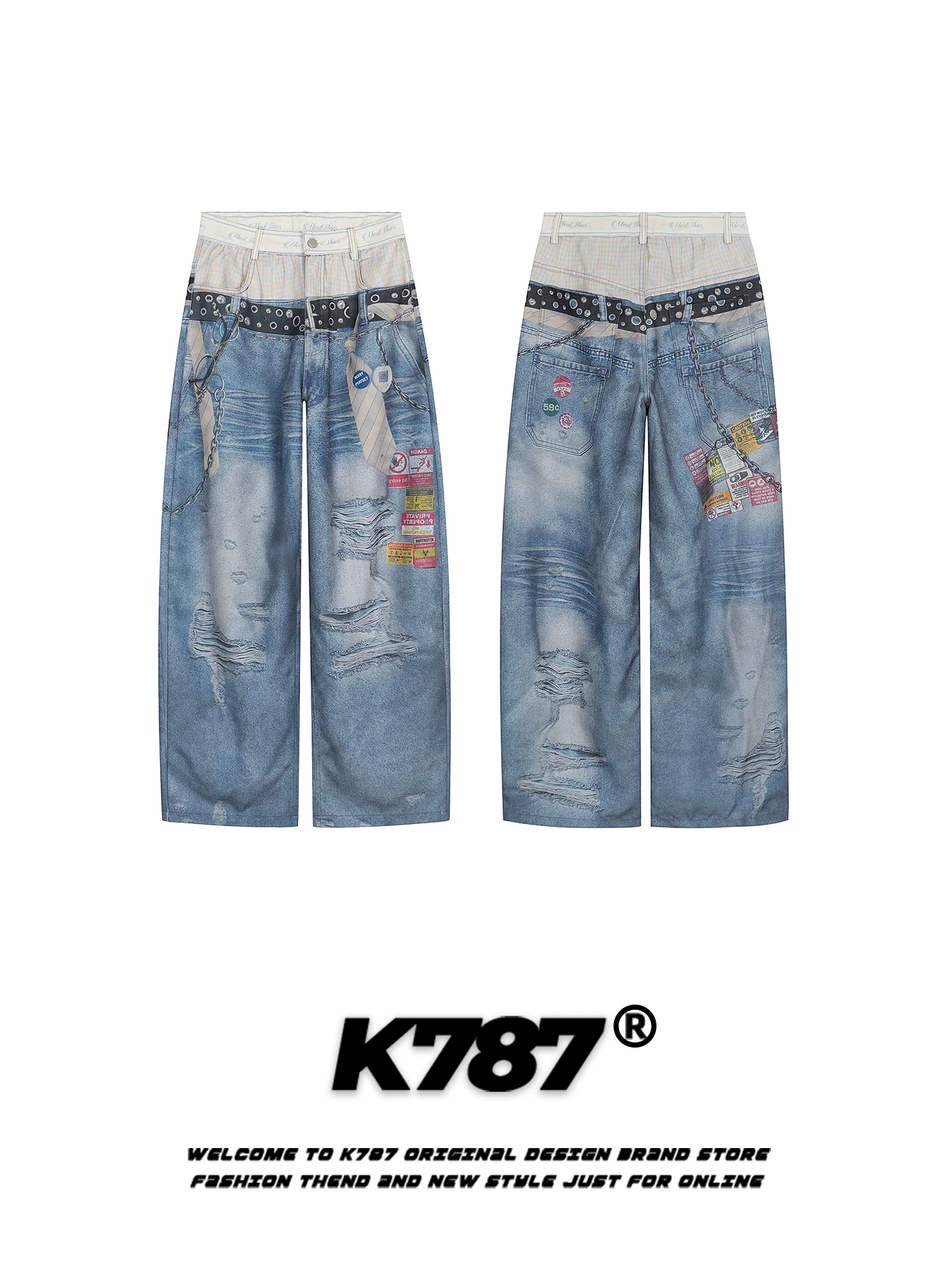 Quần jeans in họa tiết kỹ thuật số phong cách đường phố Mỹ K787, dành cho nam và nữ, thiết kế giả hai mảnh, dáng thẳng ống rộng
