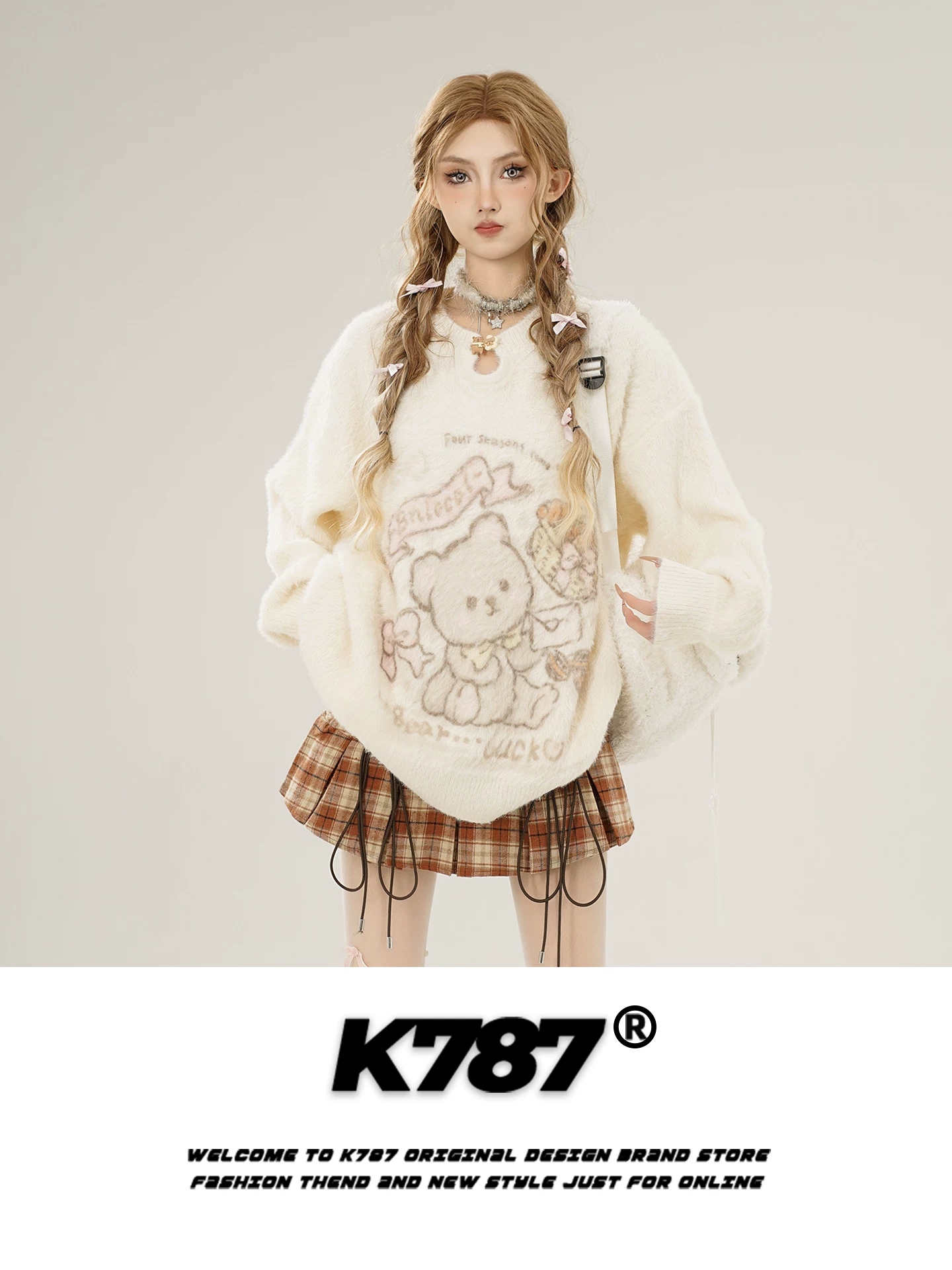 Áo len cổ tròn dệt jacquard hình gấu dễ thương phong cách Mỹ K787 dành cho nữ, kiểu dáng rộng rãi, phong cách học sinh, chất liệu len màu mơ