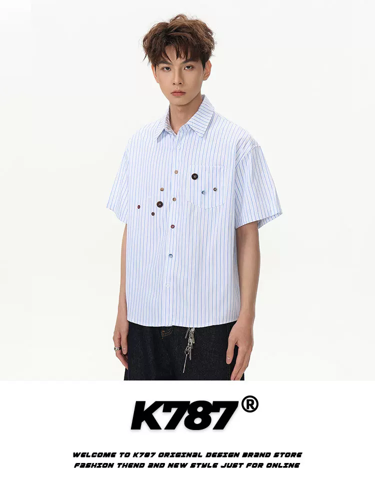 K787 Mỹ retro nút chắp vá sọc ngắn tay áo sơ mi unisex phong cách đại học đa năng giản dị cặp đôi hàng đầu mùa hè