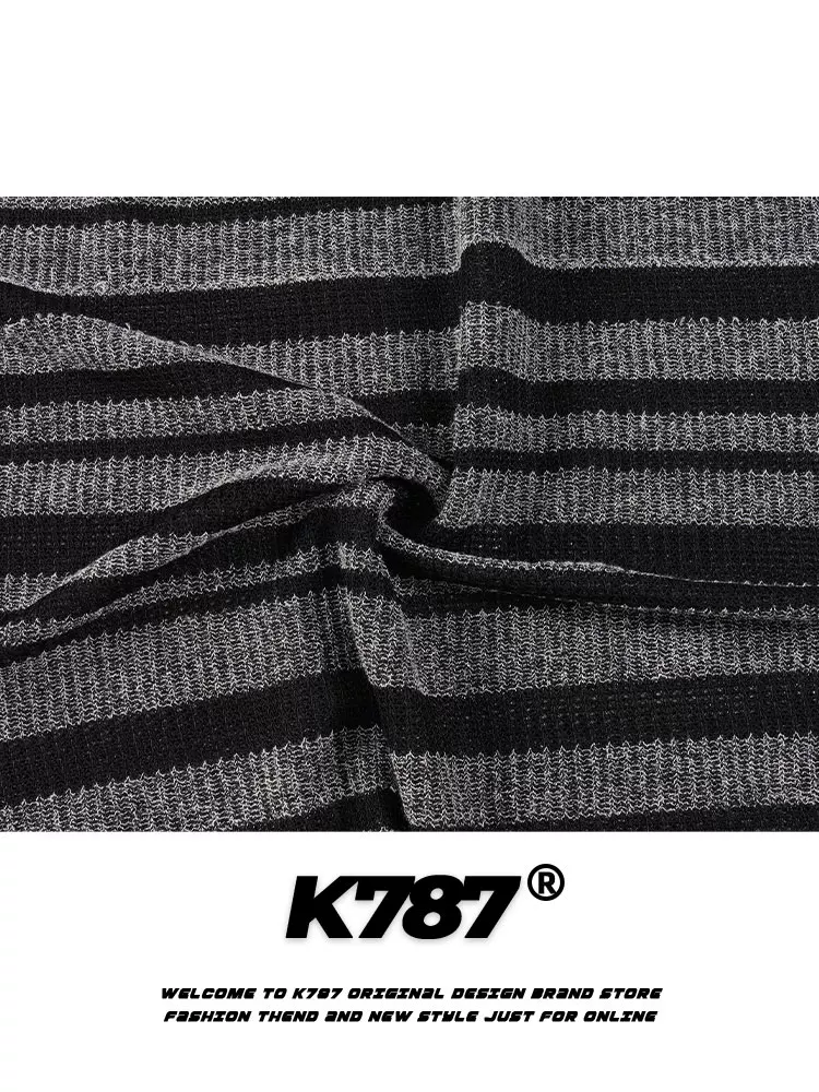 Áo len dệt kim sọc in chữ cổ điển kiểu Mỹ K787 dành cho nam và nữ, kiểu dáng rộng rãi và thoải mái, áo dài tay hơi mỏng.