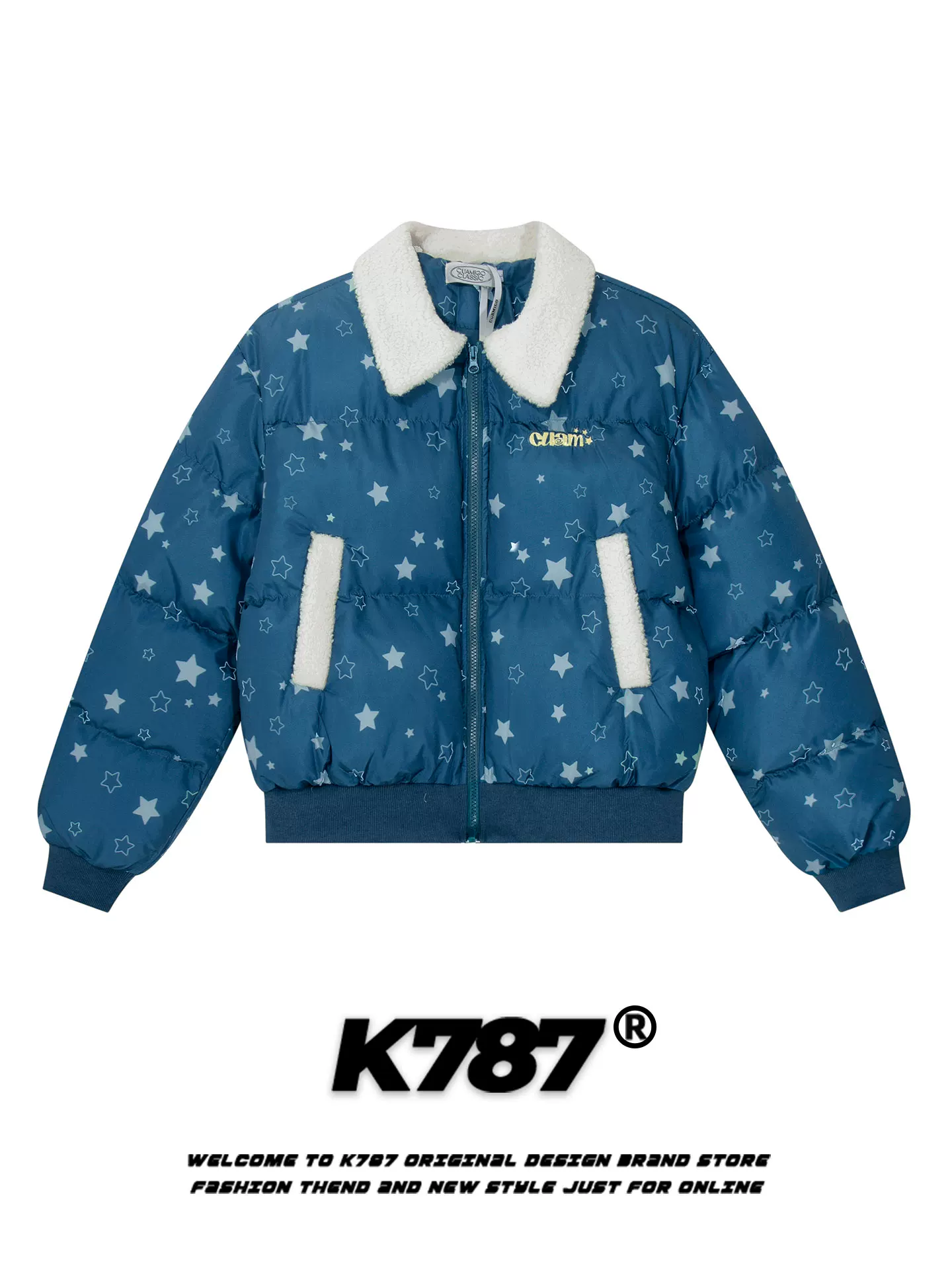 Áo khoác cotton cổ lông in hình sao đầy đủ phong cách retro Mỹ K787 dành cho nữ, phong cách ngọt ngào và cá tính, áo phao dày dặn ấm áp cho mùa đông.