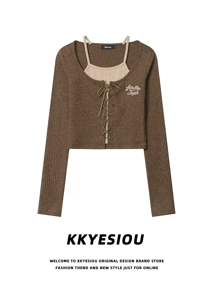 Áo len nữ kiểu KKyesiou, phong cách BM, giả hai mảnh, cổ halter, ngắn, kiểu thường, dây đeo bụng, phong cách học sinh, dệt kim, thường ngày