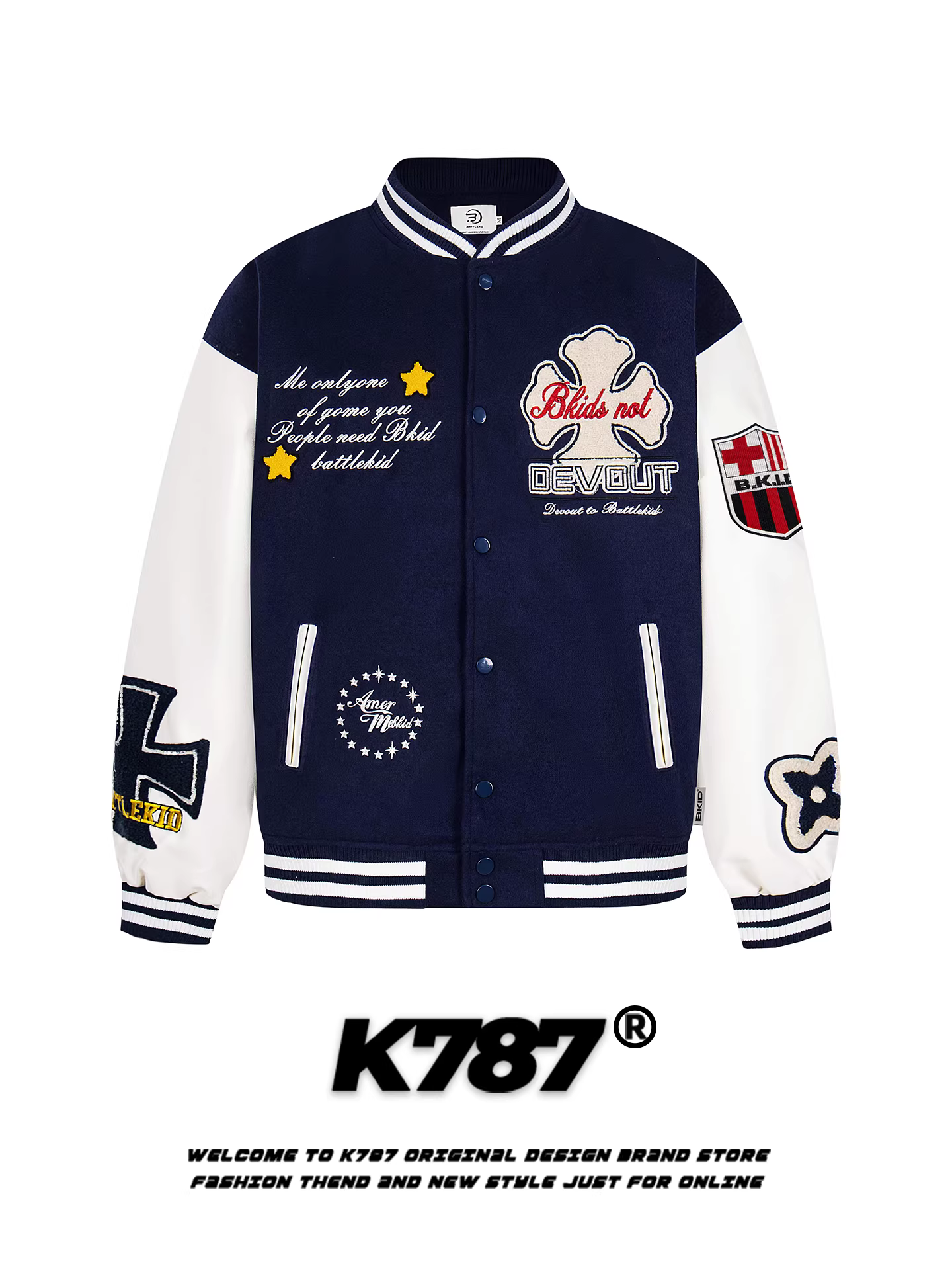 Áo khoác bóng chày cổ đứng thêu chữ thập phong cách Mỹ K787, kiểu dáng thời thượng, unisex, rộng rãi, phong cách hip-hop, đa năng, áo khoác cặp đôi.