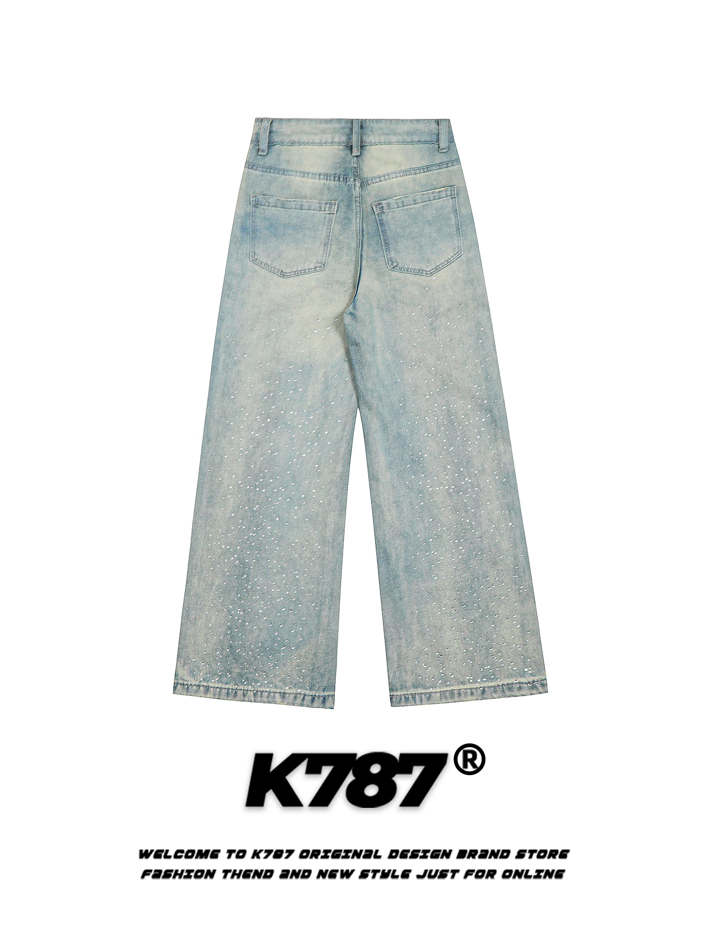 Quần jeans đính đá phong cách đường phố Mỹ K787 dành cho nam và nữ, nhiều túi, cạp cao, dáng rộng, ống thẳng, ống rộng, phong cách thường ngày