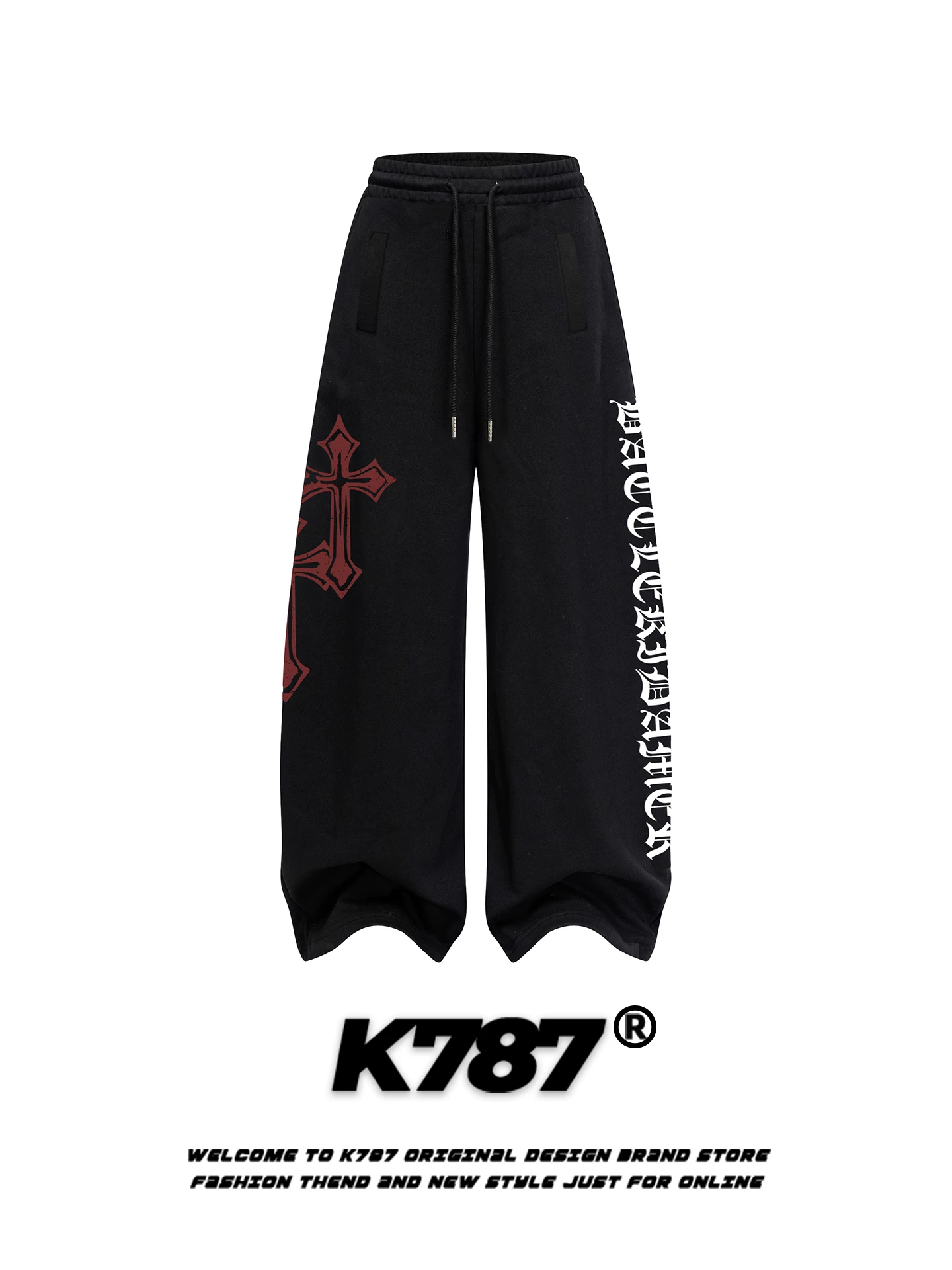 Quần jogger unisex kiểu Mỹ cổ điển K787, in họa tiết chéo, dáng rộng, cạp cao, dây rút, ống rộng, thích hợp cho khiêu vũ đường phố