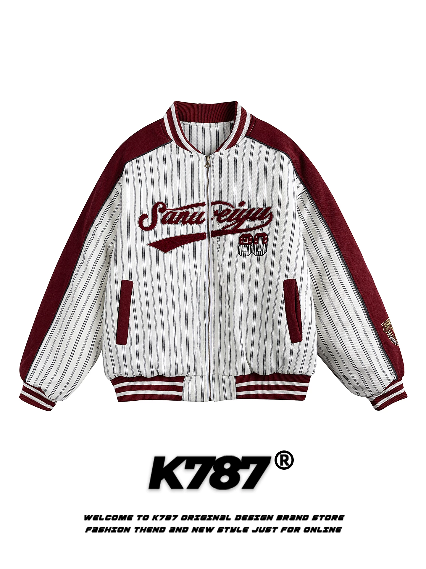 Áo khoác cotton unisex K787 phong cách đường phố Mỹ, thêu chữ, phối màu, sọc, dày dặn, ấm áp, thời trang, dành cho cặp đôi