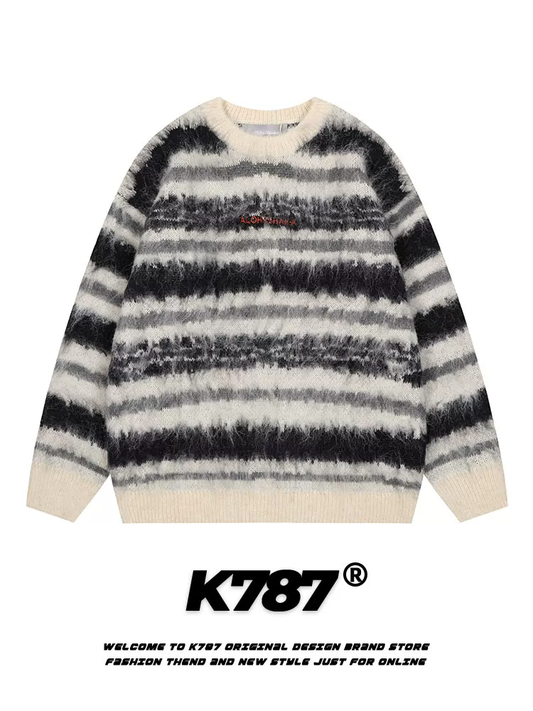 Áo len dệt kim sọc dày phong cách lười biếng unisex K787 chất liệu mohair, kiểu dáng retro Mỹ, xu hướng mùa đông 2024, thương hiệu thời trang, áo đôi