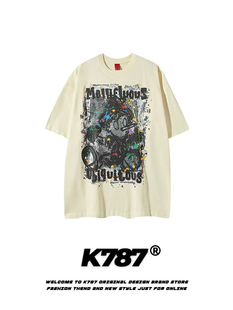 K787 Áo thun ngắn tay in hình hoạt hình Pinocchio cổ điển của Mỹ dành cho nam và nữ áo thun oversize hip-hop ins cặp đôi