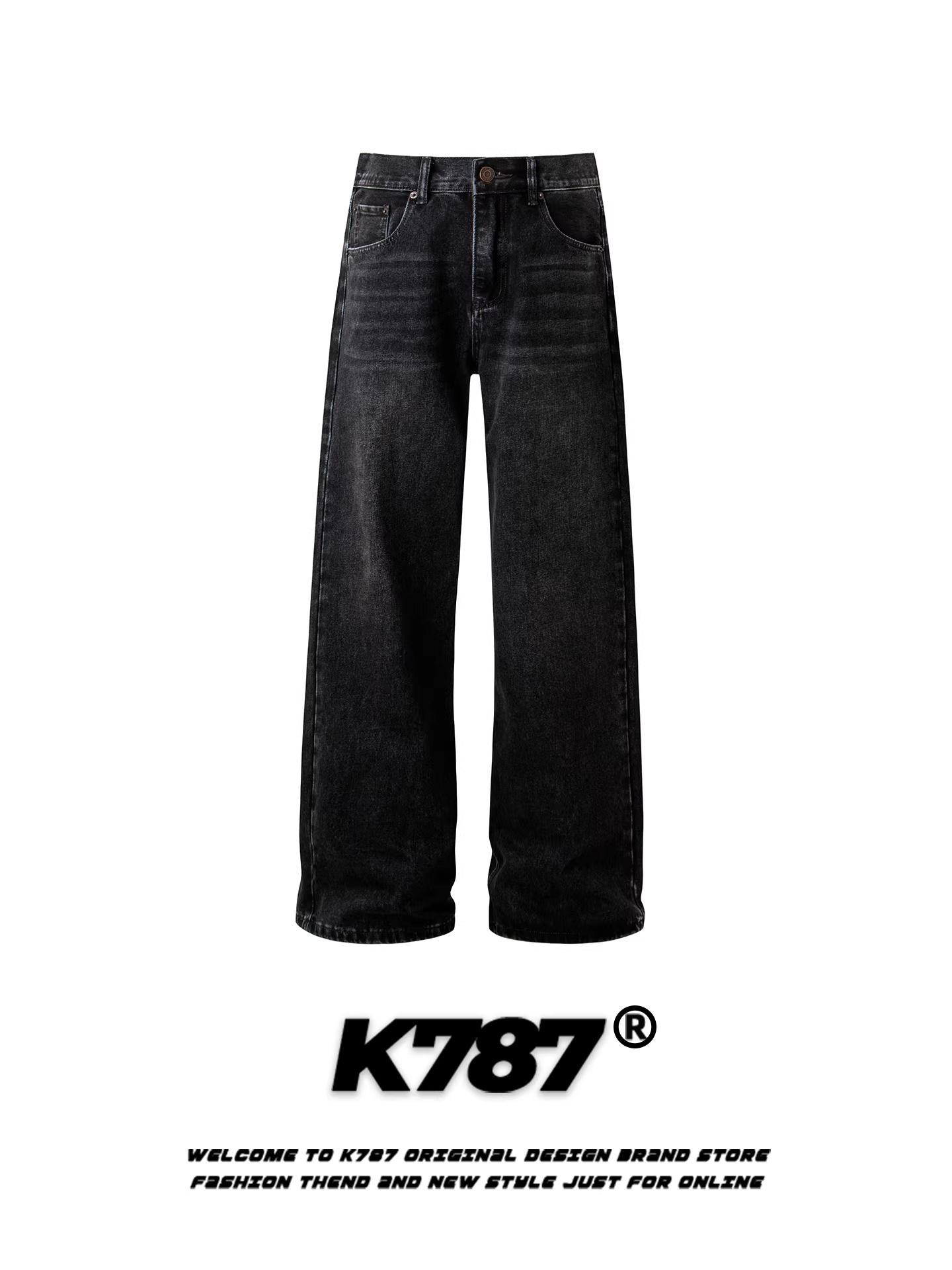 Quần jeans K787 kiểu Mỹ cổ điển, xước, dành cho nam và nữ, cạp cao, dáng rộng, phong cách đường phố, quần ống rộng dài chấm đất